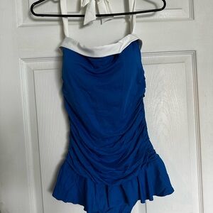 Blue Ruched Swimsuit with White Trim